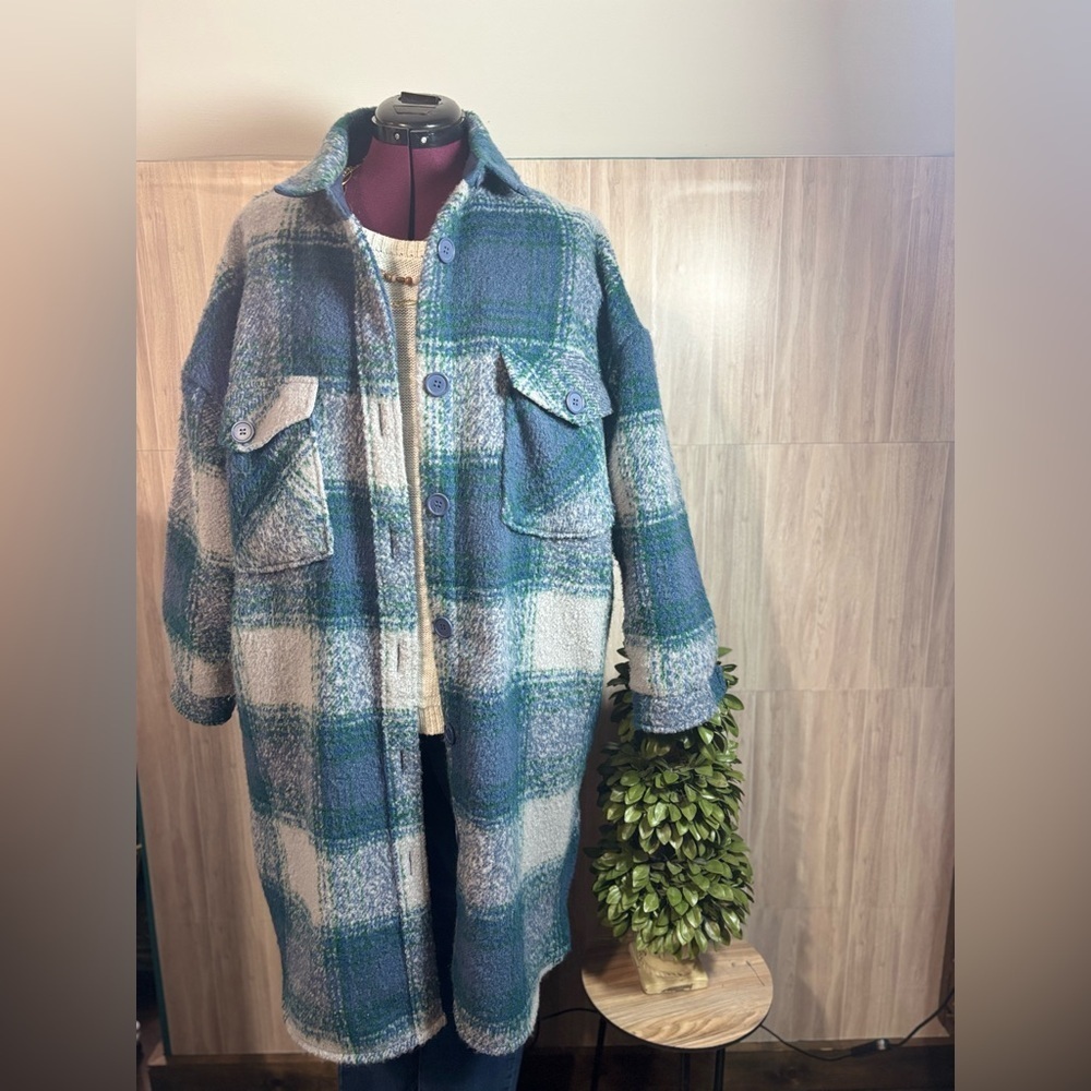 RD Style Blue and Green Plaid Long Teddy Jacket Flannel